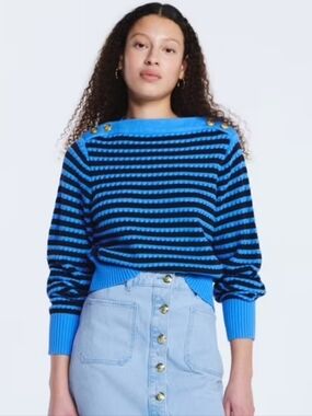 Free Assembly Blue Black Stripe Nautical Anchor Button Shoulder Sweater Large
